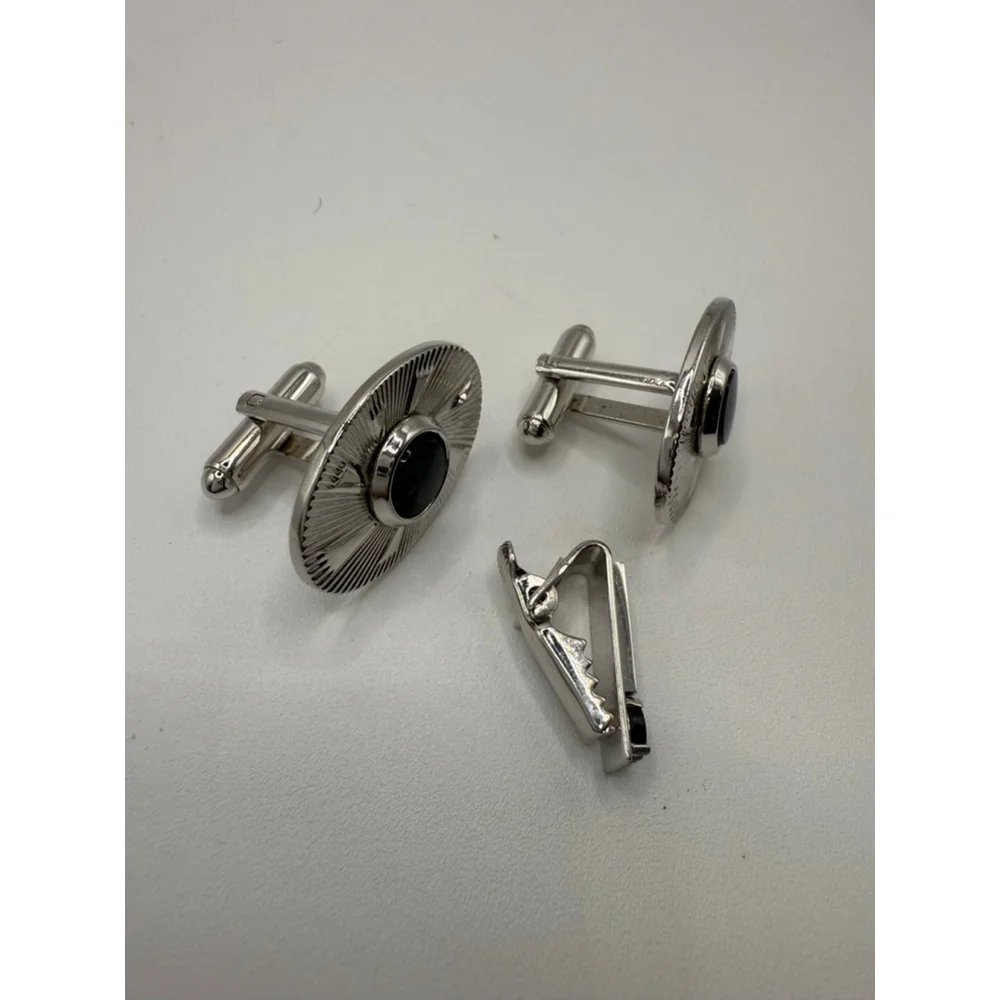 Men's Unbranded Silver & Black One Size Cuff Links & Tie Clip Set
